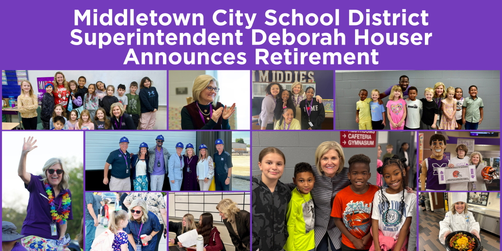 photo collage of Superintendent Deborah Houser with students, staff and at community events with the announcement that she is retiring